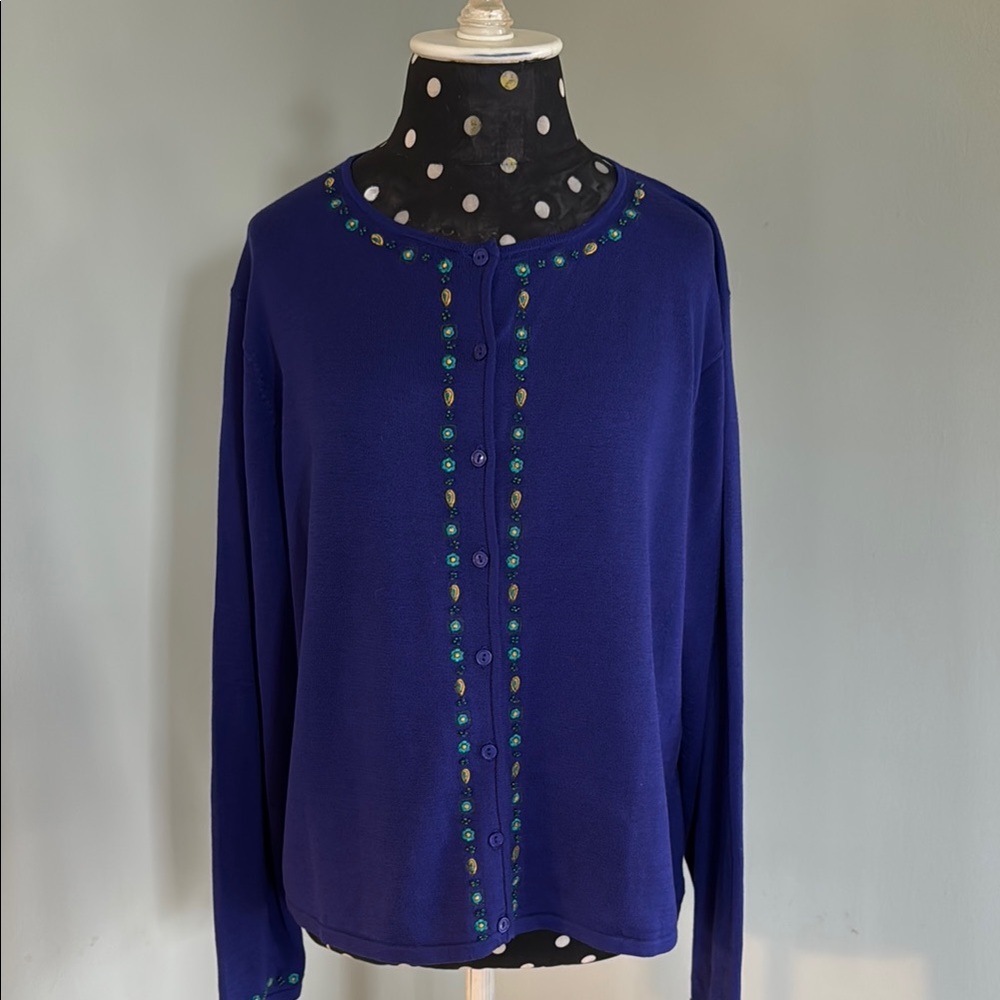 Blue Cardigan with Embellished Trim